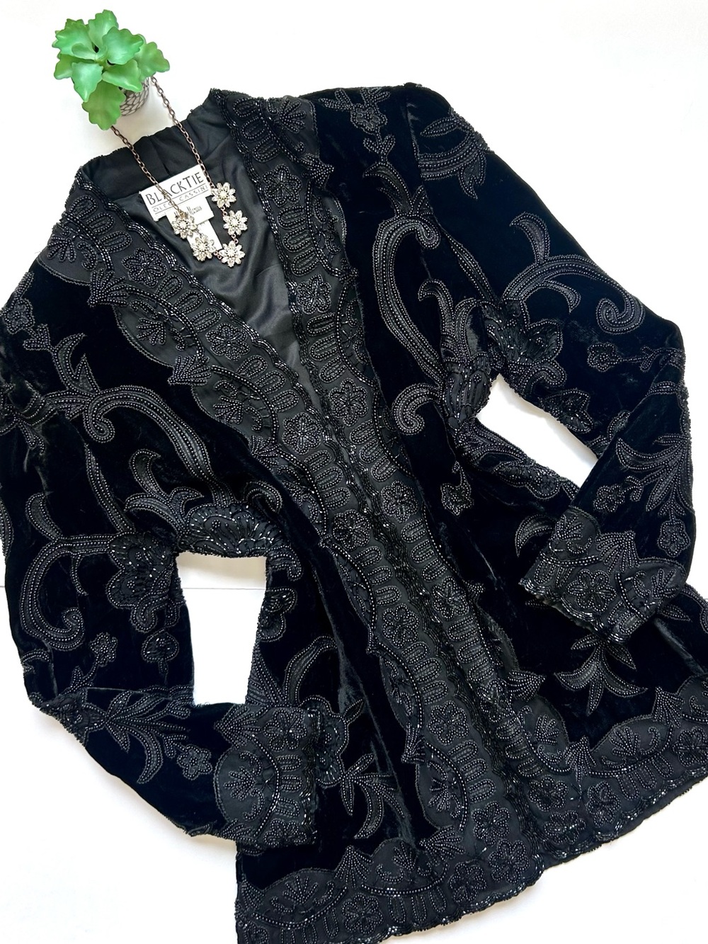Vintage Oleg Cassini Black Tie Beaded Silk Velvet Formal Blazer Jacket Size L - Picture 2 of 10